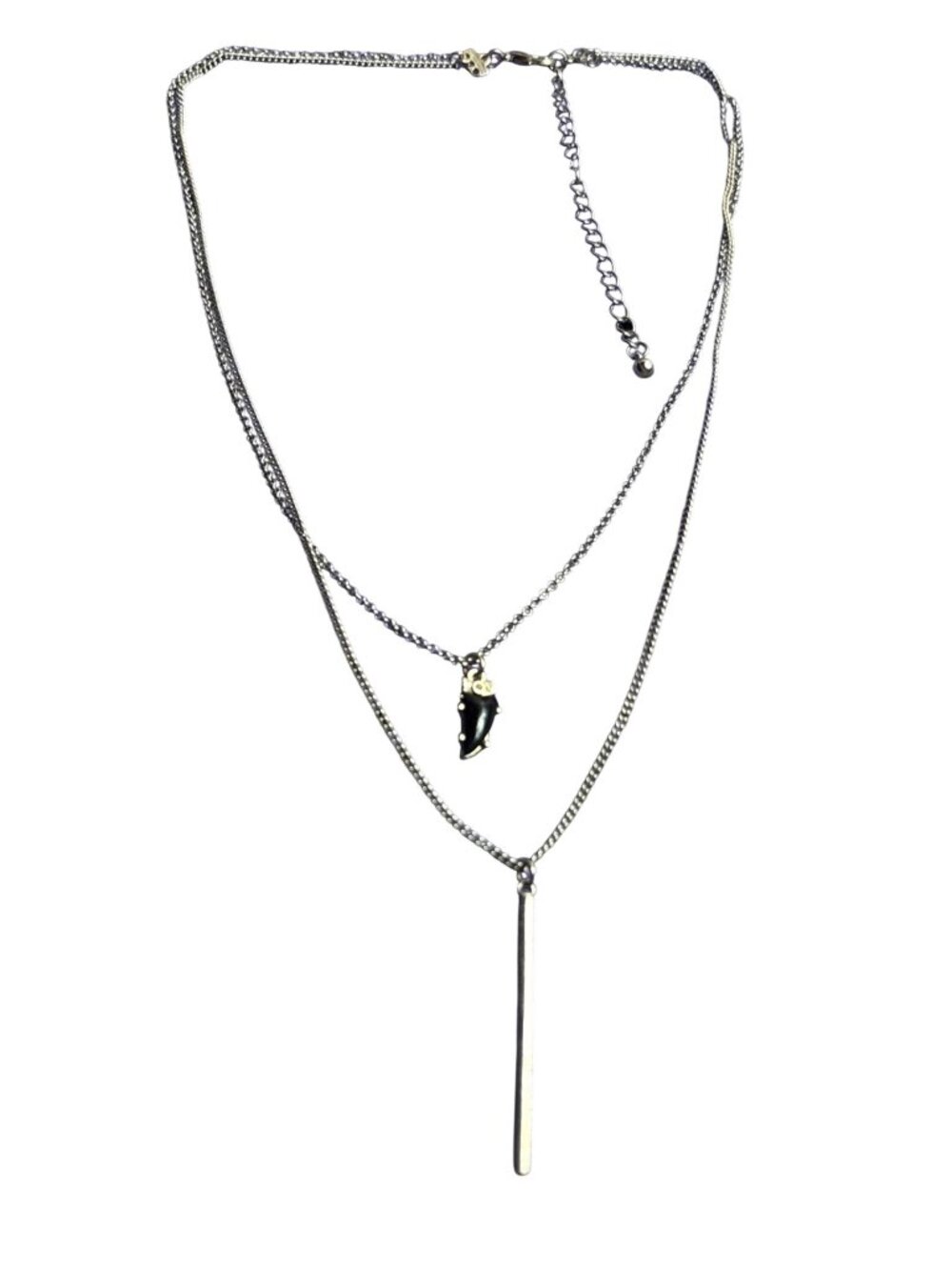 2 Strand Silvertone Chain Necklace Bar Pendant Black Cabochon Pendant 16 & 19 in
